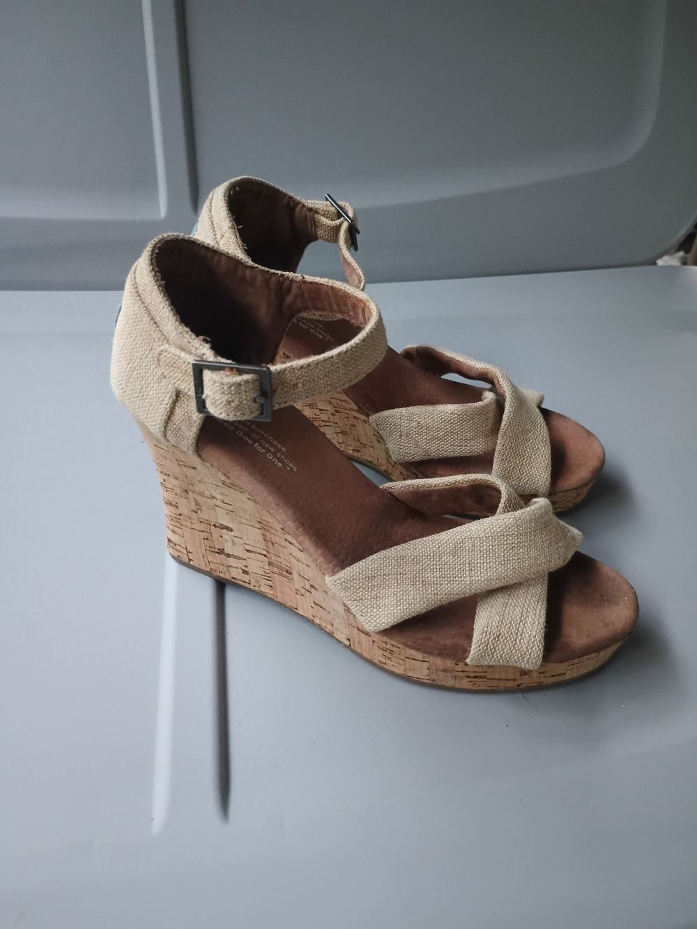 TOMS Women's Beige Canvas Wedge Sandals - Picture 3 of 13